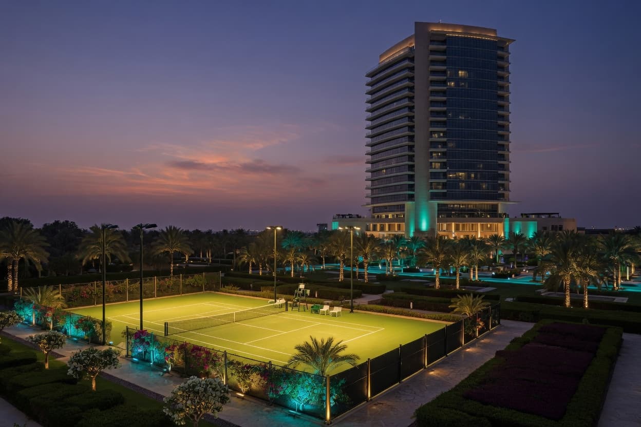Park Rotana Abu Dhabi grounds at twilight F1 Abu Dhabi 2026